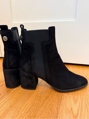 Tod's “T” Black Suede Chunky Heel Ankle Boots